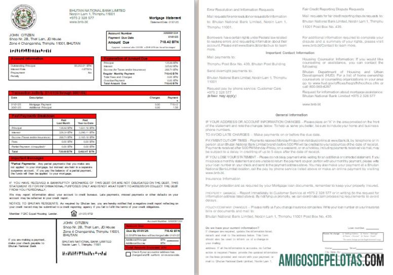 Extrato de hipoteca do Banco Nacional do Butão, 2 páginas, 1 2 Scr modelo